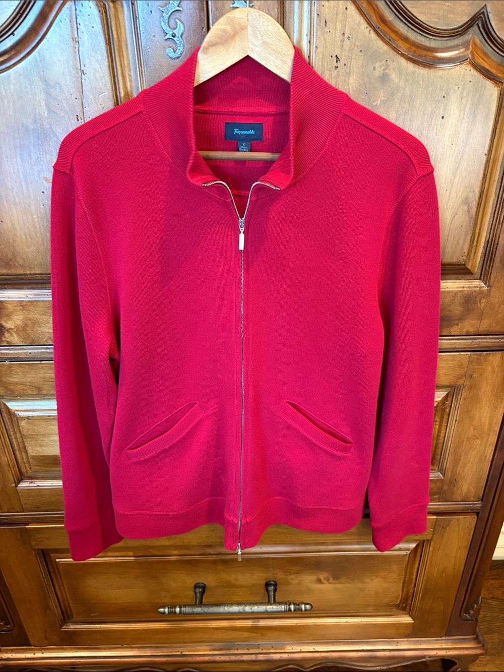 Faconnable Women’s Vibrant Red Zip-Up Sweater with Stand Collar Sz L